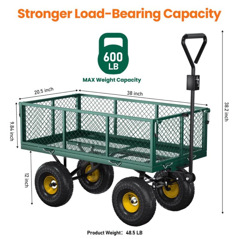 VECUKTY Heavy Duty Steel Dump Garden Cart with Liner, 600lbs Capacity Folding Utility Metal Wagon 3 Cu ft 10  Wheel, Green - Image 9