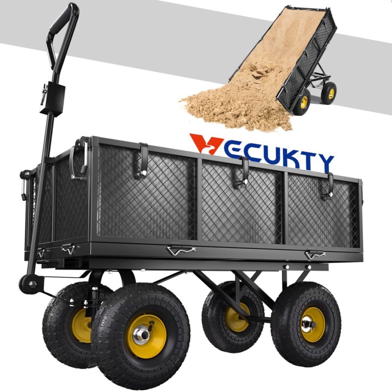 VECUKTY Heavy Duty Steel Dump Garden Cart with Liner, 600lbs 3 Cu ft 10  Wheel, Black
