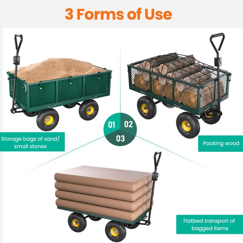 VECUKTY Heavy Duty Steel Dump Garden Cart with Liner, 600lbs Capacity Folding Utility Metal Wagon 3 Cu ft 10  Wheel, Green - Image 4