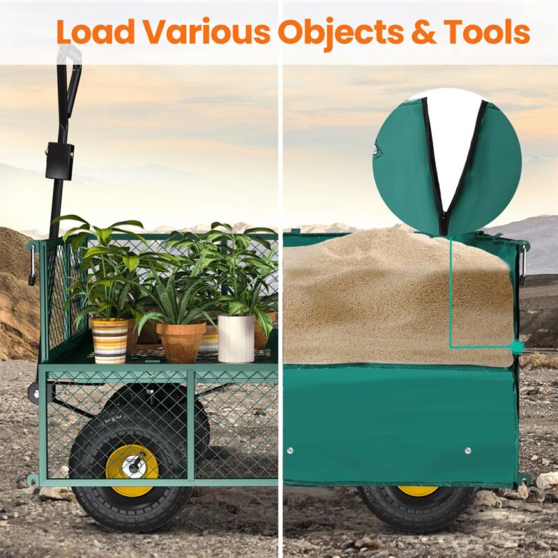 VECUKTY Heavy Duty Steel Dump Garden Cart with Liner, 600lbs Capacity Folding Utility Metal Wagon 3 Cu ft 10  Wheel, Green - Image 10