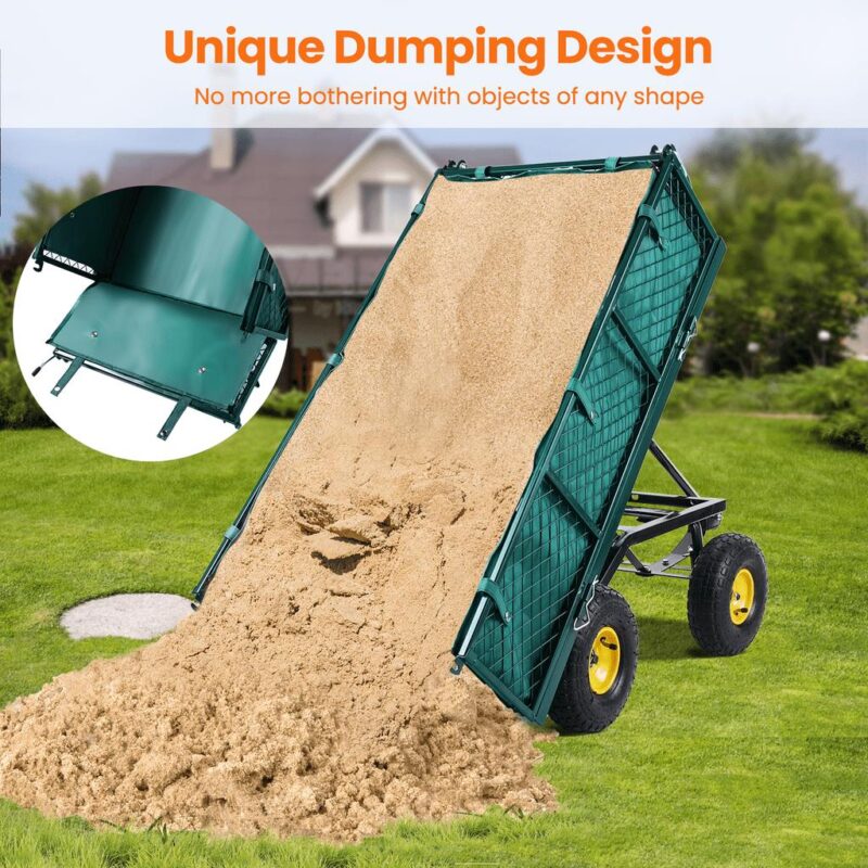 VECUKTY Heavy Duty Steel Dump Garden Cart with Liner, 600lbs Capacity Folding Utility Metal Wagon 3 Cu ft 10  Wheel, Green - Image 2