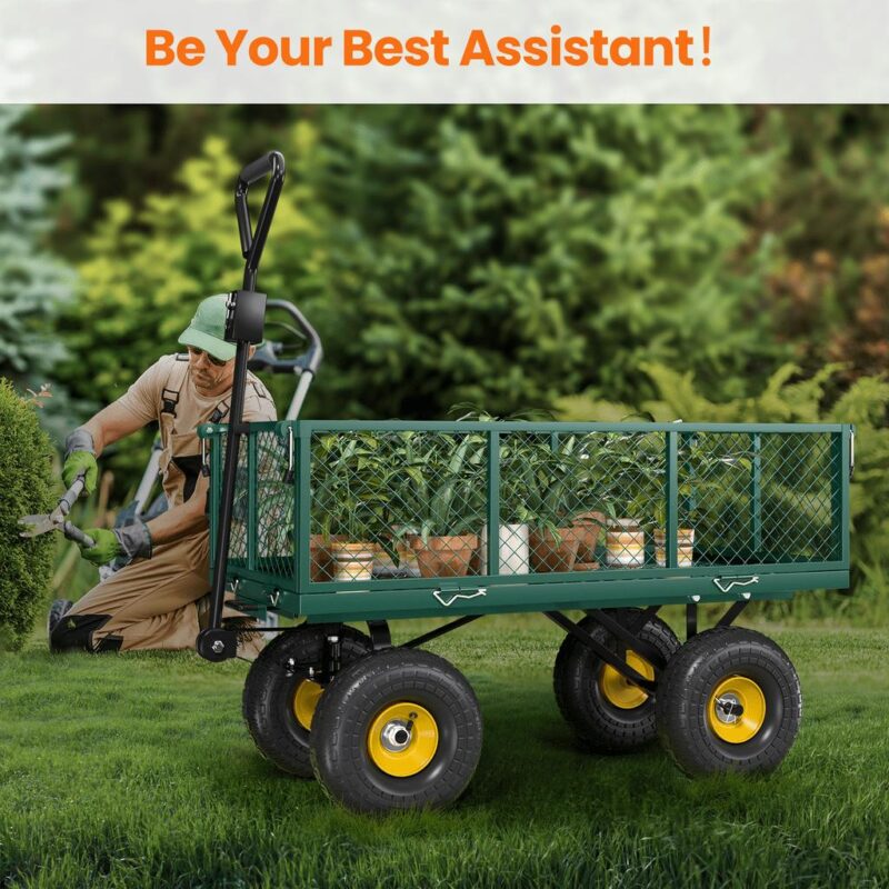 VECUKTY Heavy Duty Steel Dump Garden Cart with Liner, 600lbs Capacity Folding Utility Metal Wagon 3 Cu ft 10  Wheel, Green - Image 5