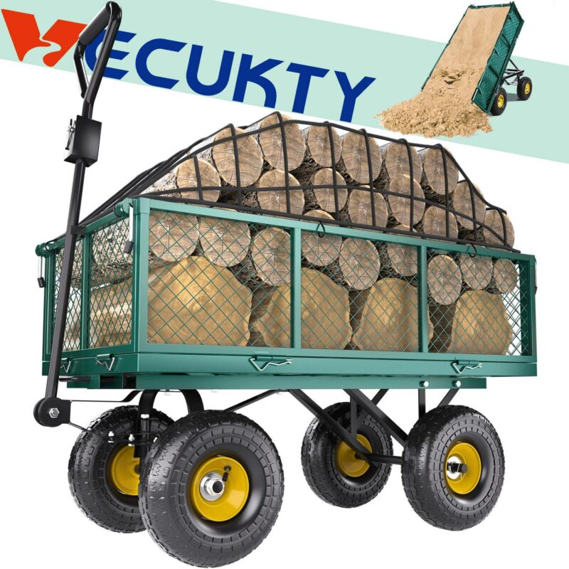 VECUKTY Heavy Duty Steel Dump Garden Cart with Liner, 600lbs Capacity Folding Utility Metal Wagon 3 Cu ft 10  Wheel, Green