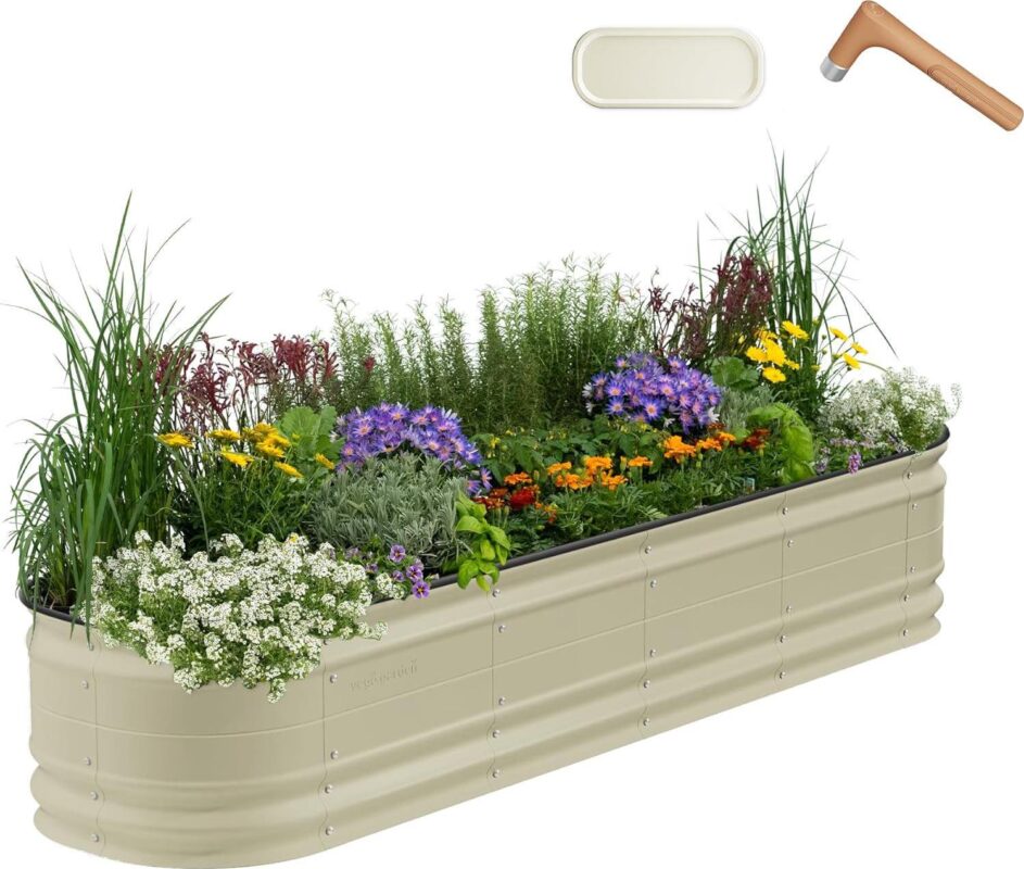 Vego Garden 17  Tall 9 in 1 Novel Metal Raised Garden Bed Kits 8ft x 2ft Modular Planter for Vegetables Flowers Box Pearl White