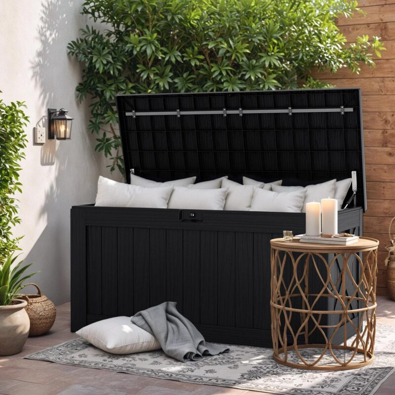 Vineego 100 Gallon All-Weather Resin Deck Box,Indoor Outdoor Lockable Storage Container, Black