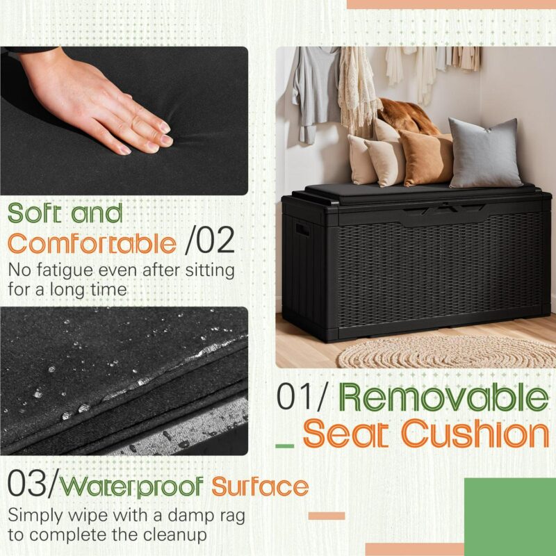 Vineego 100 Gallon Resin Deck Box with Cushions,Indoor Outdoor Lockable Storage Containe,Black - Image 4