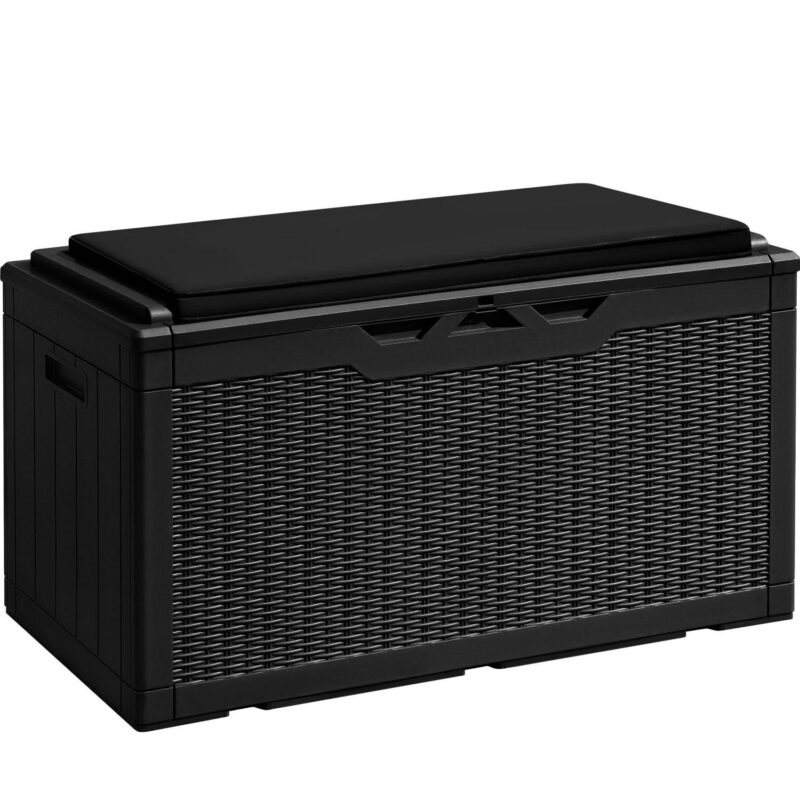Vineego 100 Gallon Resin Deck Box with Cushions,Indoor Outdoor Lockable Storage Containe,Black