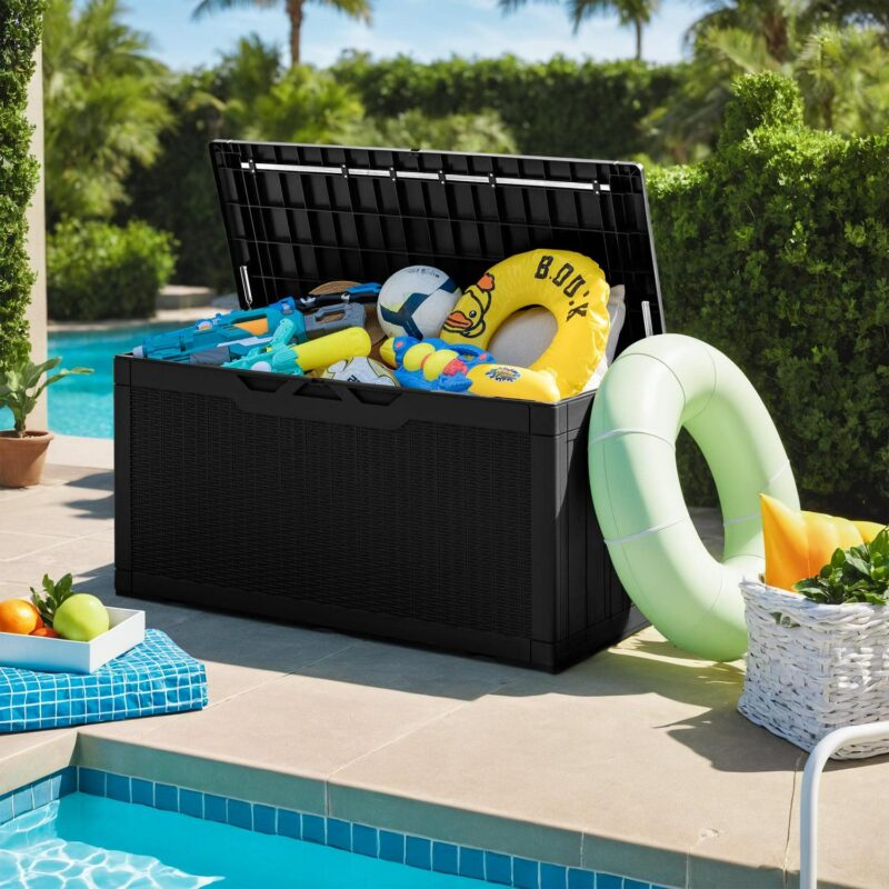 Vineego 100 Gallon Resin Deck Box with Cushions,Indoor Outdoor Lockable Storage Containe,Black - Image 3