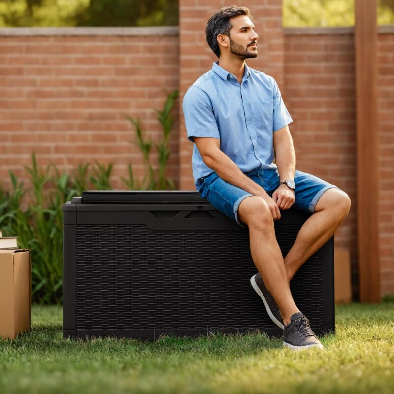 Vineego 100 Gallon Resin Deck Box with Cushions,Indoor Outdoor Lockable Storage Containe,Black - Image 2