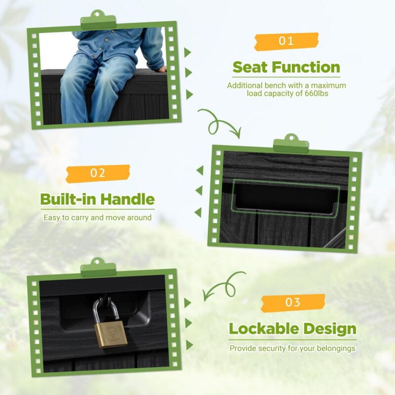Vineego 120 Gallon Outdoor Indoor Storage Box, Large Lockable Resin Deck Box, Water Resistant Patio Storage Box,Black - Image 5