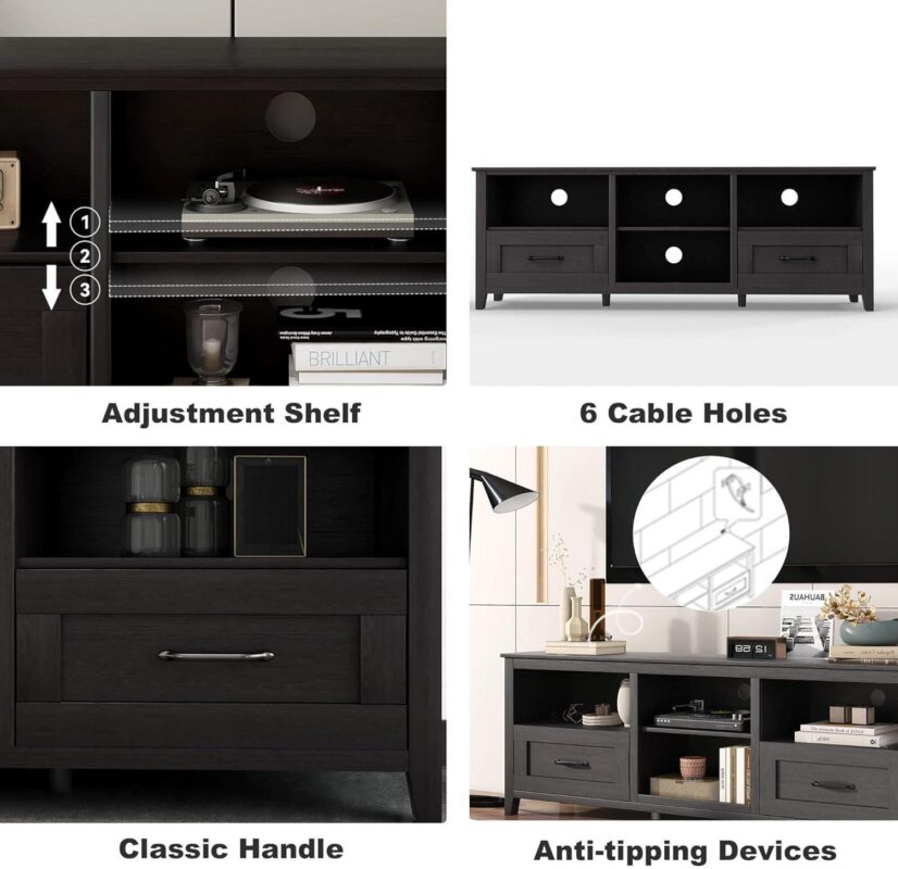 Vivvoo 70  Farmhouse Black TV Stand for TVs up to 80  Home Cabinet with Drawers Easy Assembly - Image 2
