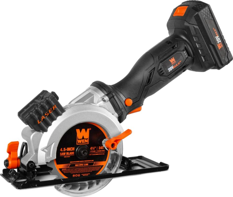 WEN 20V Max 4-1/2-Inch Cordless Mini Circular Saw with 2.0Ah Battery and Charger