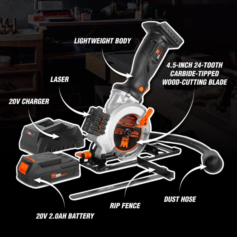 WEN 20V Max 4-1/2-Inch Cordless Mini Circular Saw with 2.0Ah Battery and Charger - Image 2