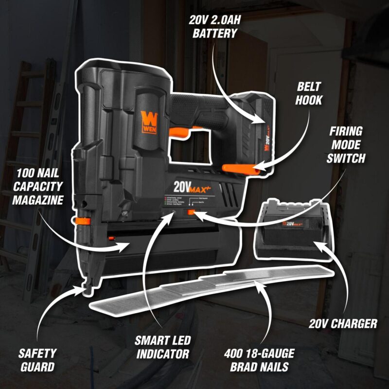 WEN 20V Max Cordless 18-Gauge Brad Nailer with 2.0Ah Battery and Charger - Image 3