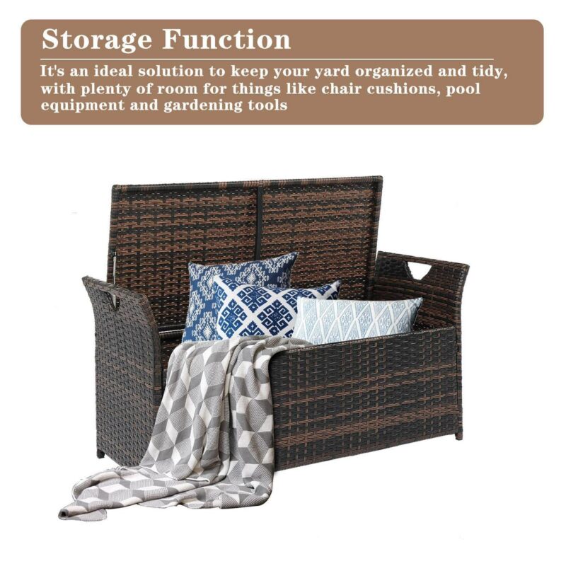 Winado 33 Gal/ 125 L Patio Wicker Storage Bench Outdoor Rattan Deck Box with Beige Cushion, All Weather Outdoor Container, Brown - Image 6