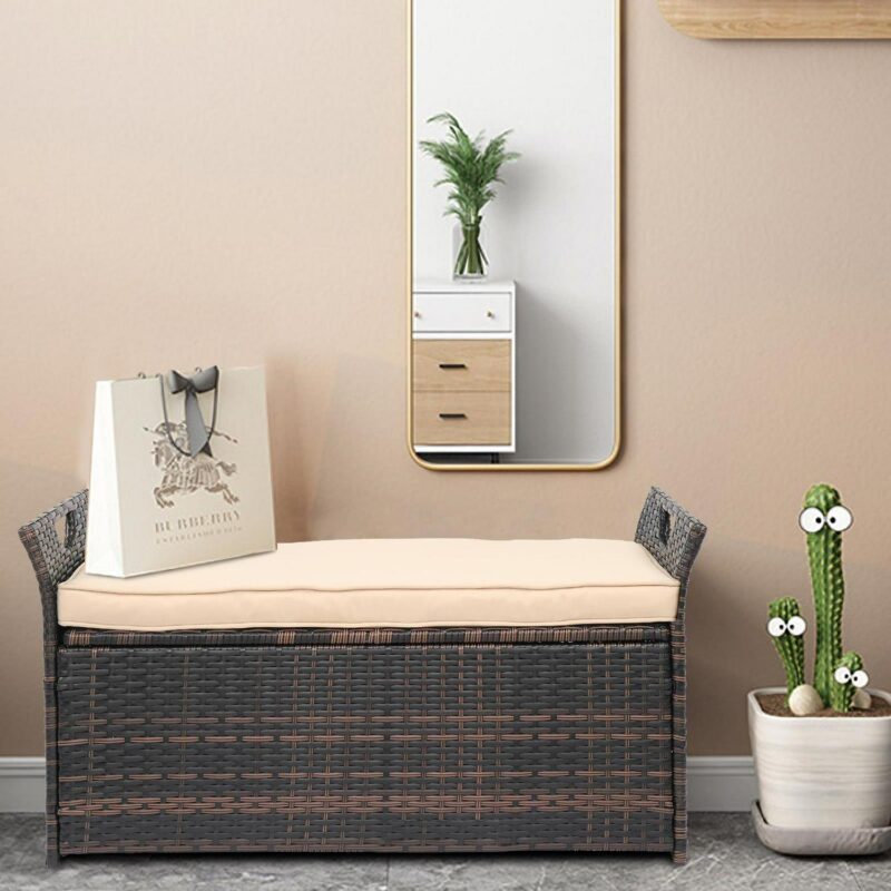 Winado 33 Gal/ 125 L Patio Wicker Storage Bench Outdoor Rattan Deck Box with Beige Cushion, All Weather Outdoor Container, Brown - Image 2