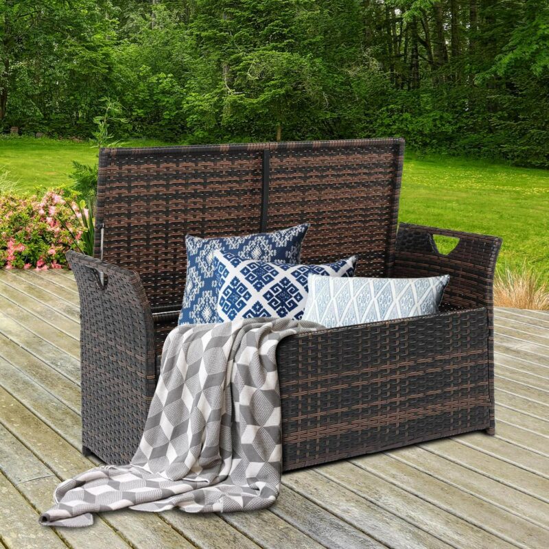 Winado 33 Gal/ 125 L Patio Wicker Storage Bench Outdoor Rattan Deck Box with Beige Cushion, All Weather Outdoor Container, Brown - Image 3