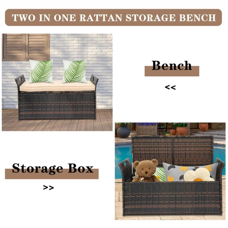 Winado 33 Gal/ 125 L Patio Wicker Storage Bench Outdoor Rattan Deck Box with Beige Cushion, All Weather Outdoor Container, Brown - Image 4