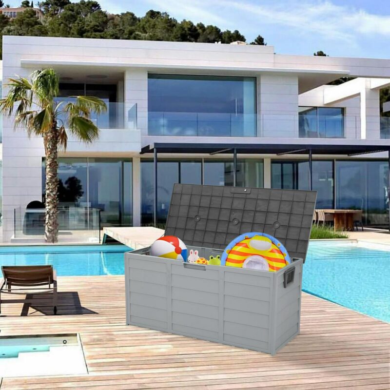 Winado 75gal Plastic Storage Deck Box Chest Tools Cushions Toys Lockable Seat Outdoor Garden Grey - Image 4
