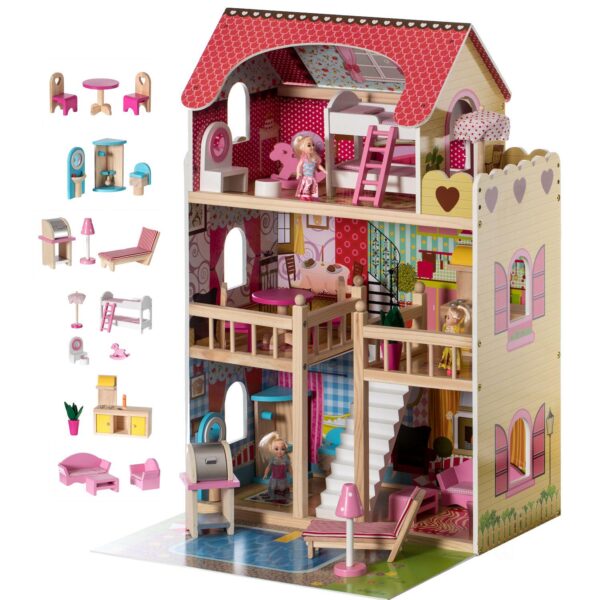 Wooden Doll House with Toys and Furniture Accessories and LED light for Ages 3+