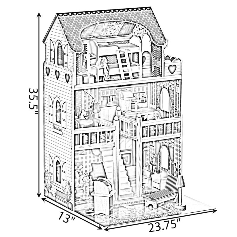 Wooden Doll House with Toys and Furniture Accessories and LED light for Ages 3+ - Image 4