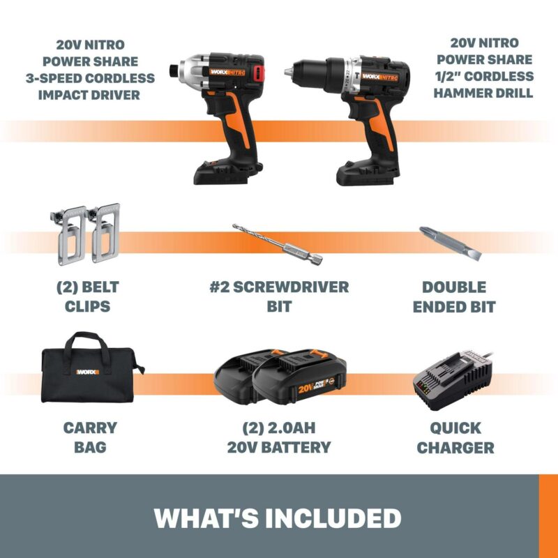 Worx Nitro WX971L 20V Power Share Impact Driver and Hammer Drill Combo Battery and Charger Included - Image 6