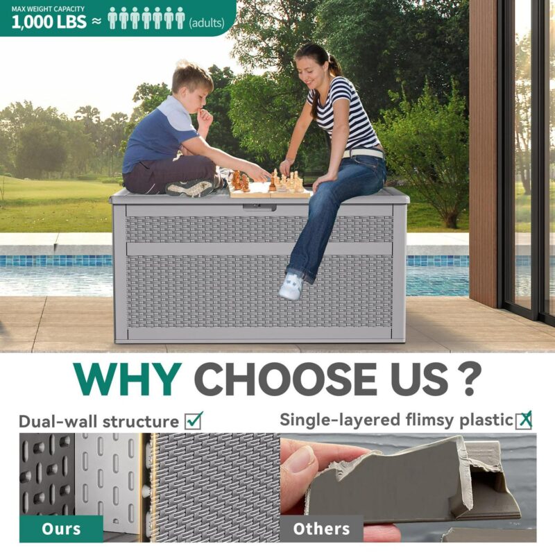 YITAHOME XXL 230 Gallon Large Deck Box, Double-Wall Resin Rattan Outdoor Storage Box with Flexible Divider for Patio Cushions Pool Float Garden Tools, 1000lbs Load Capacity Lockable Waterproof (Gray) - Image 5