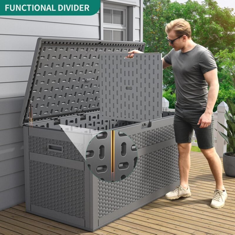 YITAHOME XXL 230 Gallon Large Deck Box, Double-Wall Resin Rattan Outdoor Storage Box with Flexible Divider for Patio Cushions Pool Float Garden Tools, 1000lbs Load Capacity Lockable Waterproof (Gray) - Image 3