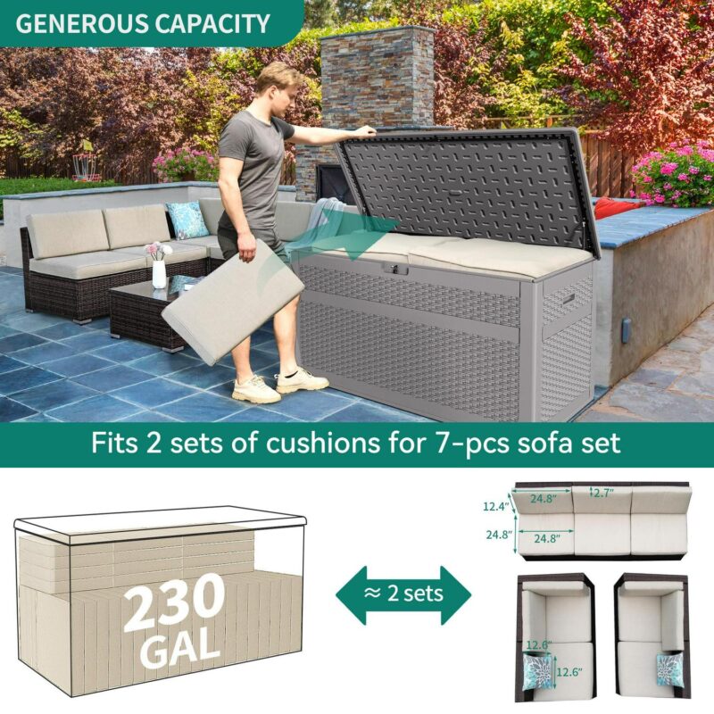 YITAHOME XXL 230 Gallon Large Deck Box, Double-Wall Resin Rattan Outdoor Storage Box with Flexible Divider for Patio Cushions Pool Float Garden Tools, 1000lbs Load Capacity Lockable Waterproof (Gray) - Image 7