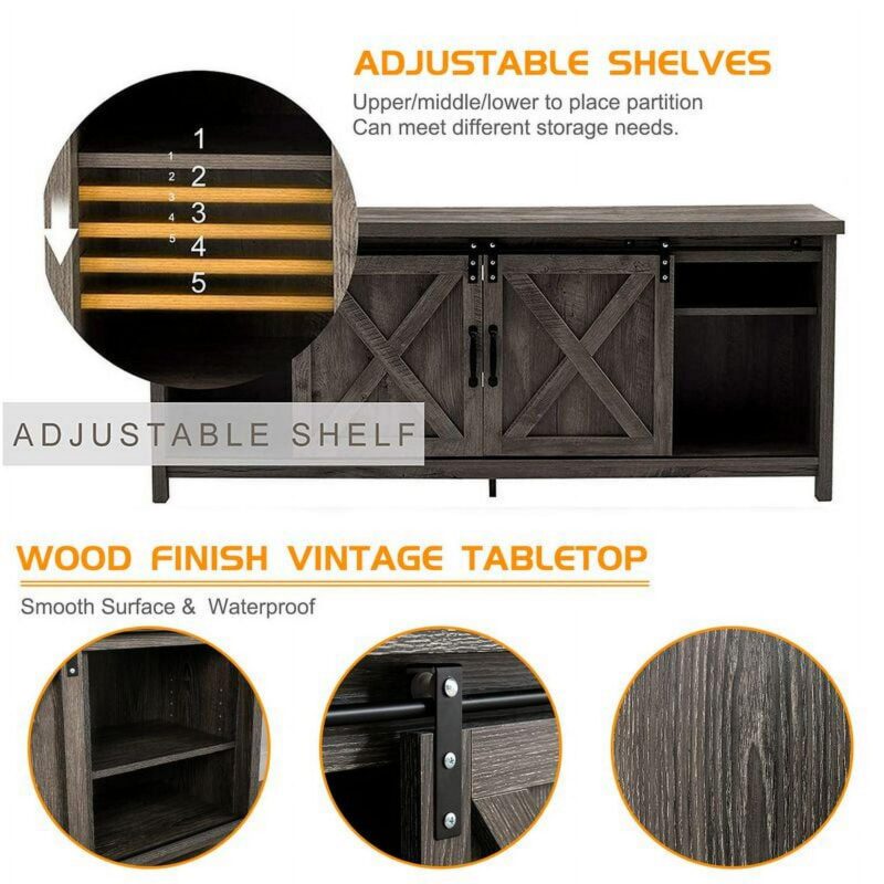 Yaoping 58  Farmhouse Sliding Barn Door TV Stand for TVs Up to 65  Television Cabinet(Dark gray) - Image 4