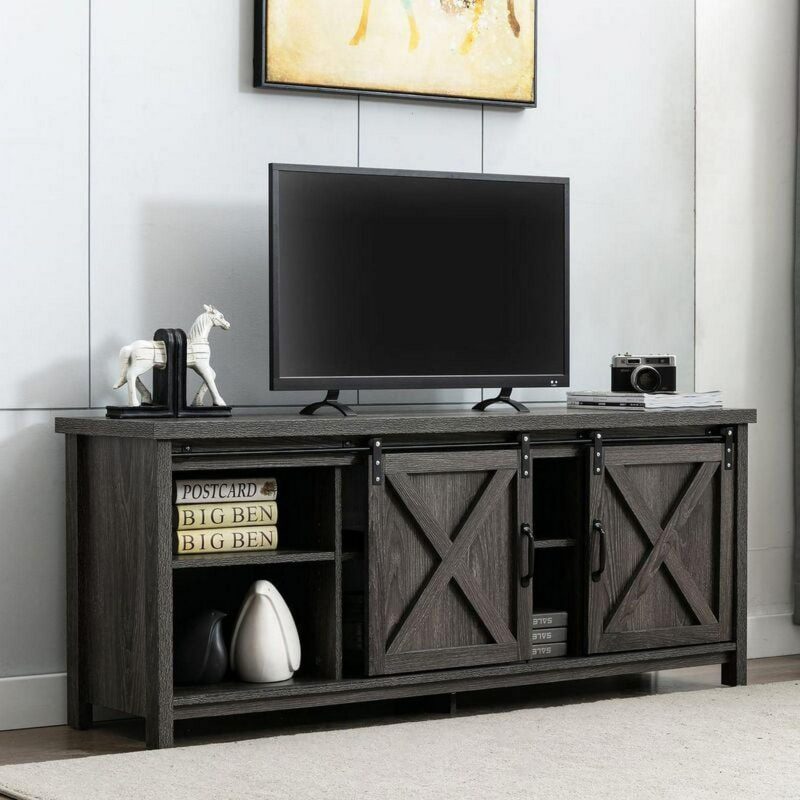 Yaoping 58  Farmhouse Sliding Barn Door TV Stand for TVs Up to 65  Television Cabinet(Dark gray)