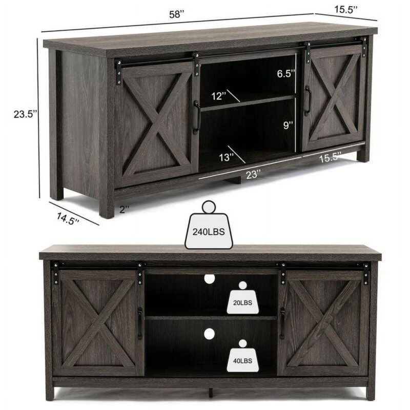 Yaoping 58  Farmhouse Sliding Barn Door TV Stand for TVs Up to 65  Television Cabinet(Dark gray) - Image 2