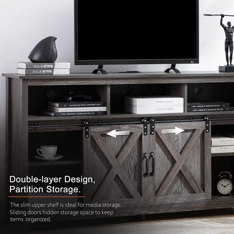 Yaoping Farmhouse Barn Door TV Cabinet Up to 65  TV Media Console with Open Shelves Adjustable Storage, Entertainment Center with Power Outlets(Grey) - Image 6