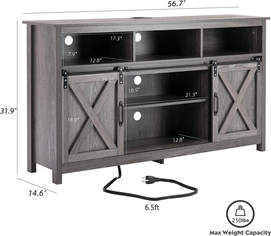 Yaoping Farmhouse Barn Door TV Cabinet Up to 65  TV Media Console with Open Shelves Adjustable Storage, Entertainment Center with Power Outlets(Grey) - Image 9