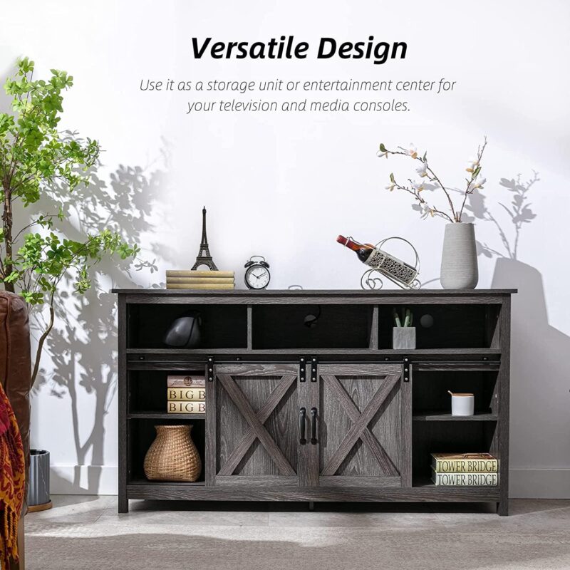 Yaoping Farmhouse Barn Door TV Cabinet Up to 65  TV Media Console with Open Shelves Adjustable Storage, Entertainment Center with Power Outlets(Grey) - Image 10
