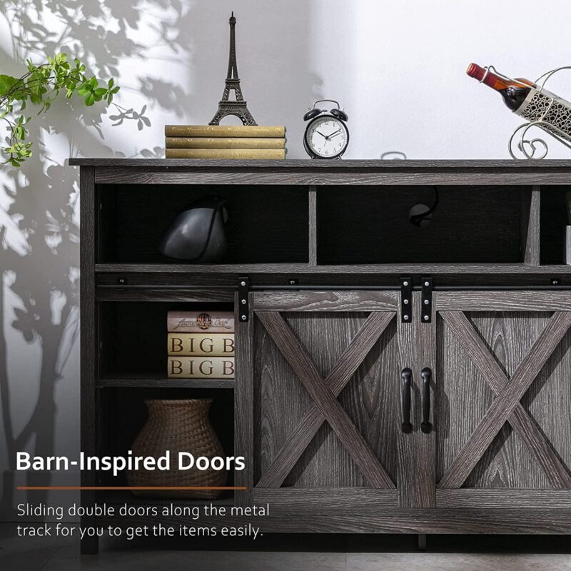 Yaoping Farmhouse Barn Door TV Cabinet Up to 65  TV Media Console with Open Shelves Adjustable Storage, Entertainment Center with Power Outlets(Grey) - Image 2
