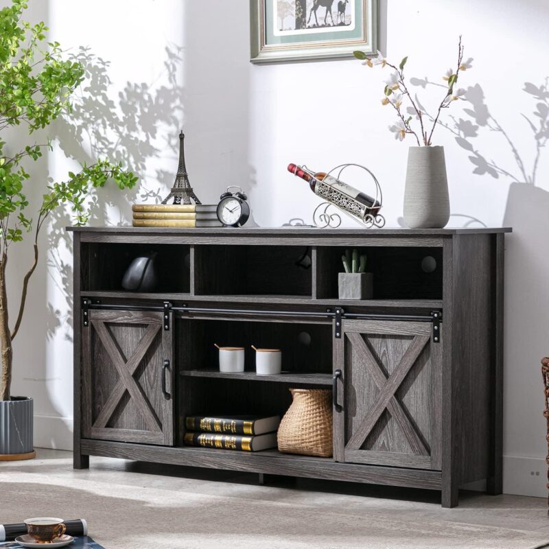 Yaoping Farmhouse Barn Door TV Cabinet Up to 65  TV Media Console with Open Shelves Adjustable Storage, Entertainment Center with Power Outlets(Grey)
