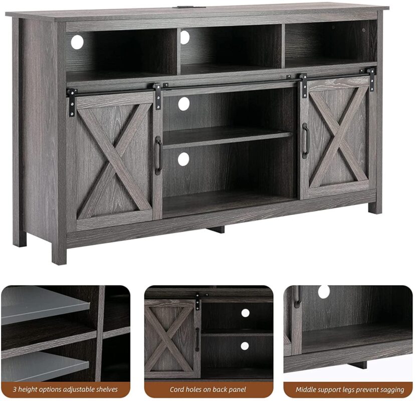 Yaoping Farmhouse Barn Door TV Cabinet Up to 65  TV Media Console with Open Shelves Adjustable Storage, Entertainment Center with Power Outlets(Grey) - Image 8