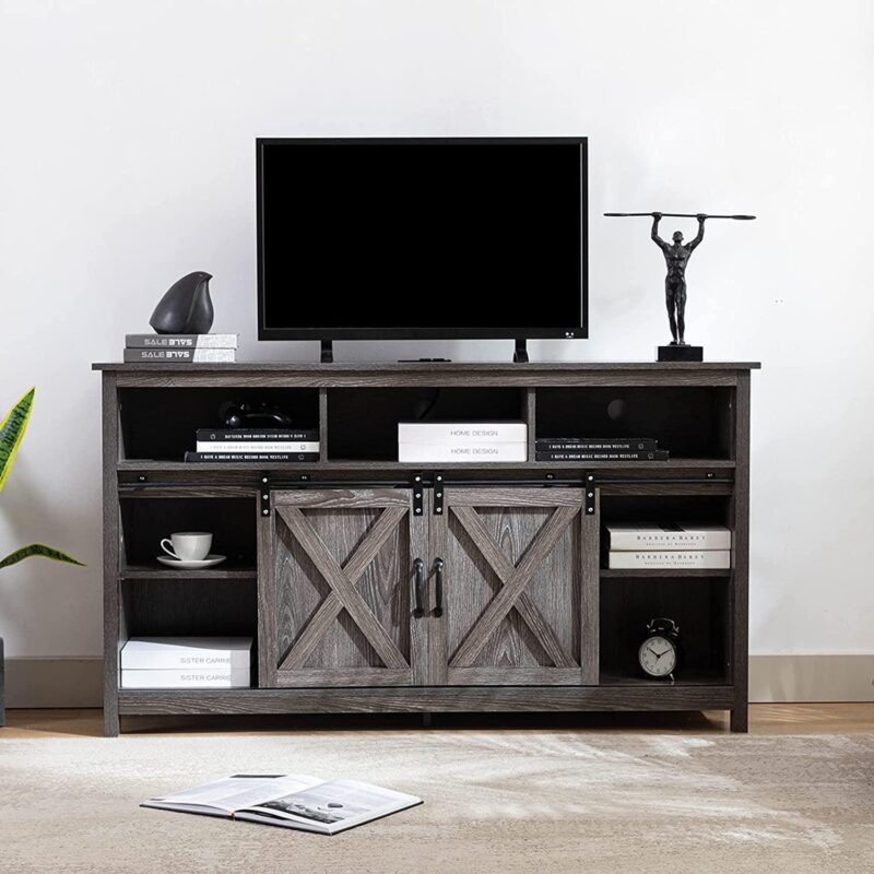 Yaoping Farmhouse Barn Door TV Cabinet Up to 65  TV Media Console with Open Shelves Adjustable Storage, Entertainment Center with Power Outlets(Grey) - Image 7