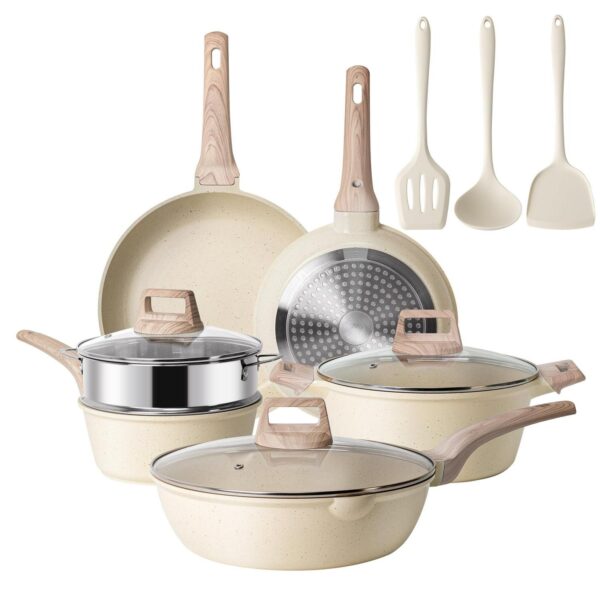 Younghome 12-Piece Nonstick Cooking Cookware Set, Pots and Pans, Beige Granite