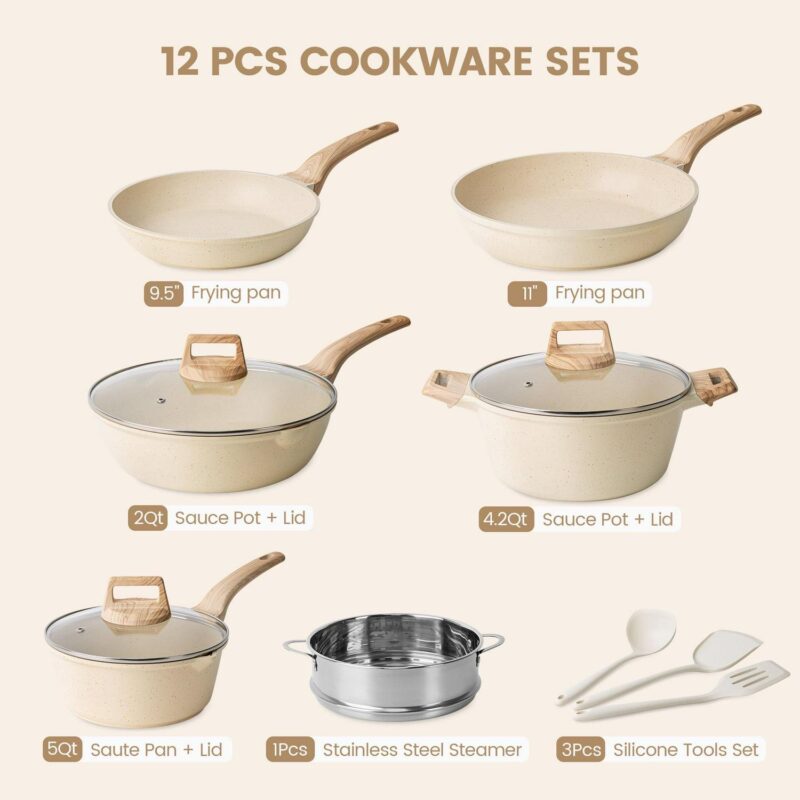 Younghome 12-Piece Nonstick Cooking Cookware Set, Pots and Pans, Beige Granite - Image 2
