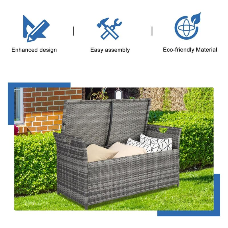 Zimtown 33 Gal/ 125L Wicker Deck Wicker Storage Box w/ Beige Cushion Rattan Bench for Balcony, Patio Wicker Furniture - Image 9