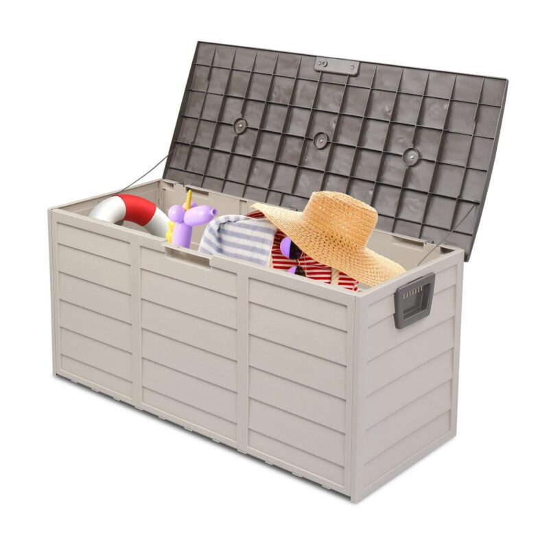 Zimtown 75gal Plastic Storage Deck Box Backyard Chest Tools Cushions Toys w/ Wheel Brown