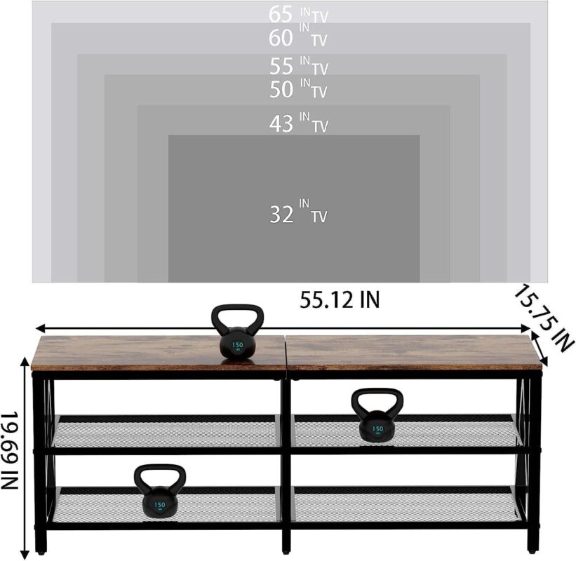 aboxoo TV Stand for 60 65 Inch TV, Long 55  Entertainment Center 3-Tier TV Console Steel Frame Industrial Style TV Cabinet with Metal Frame for Living Room, Rustic Brown Wooden and Black - Image 6