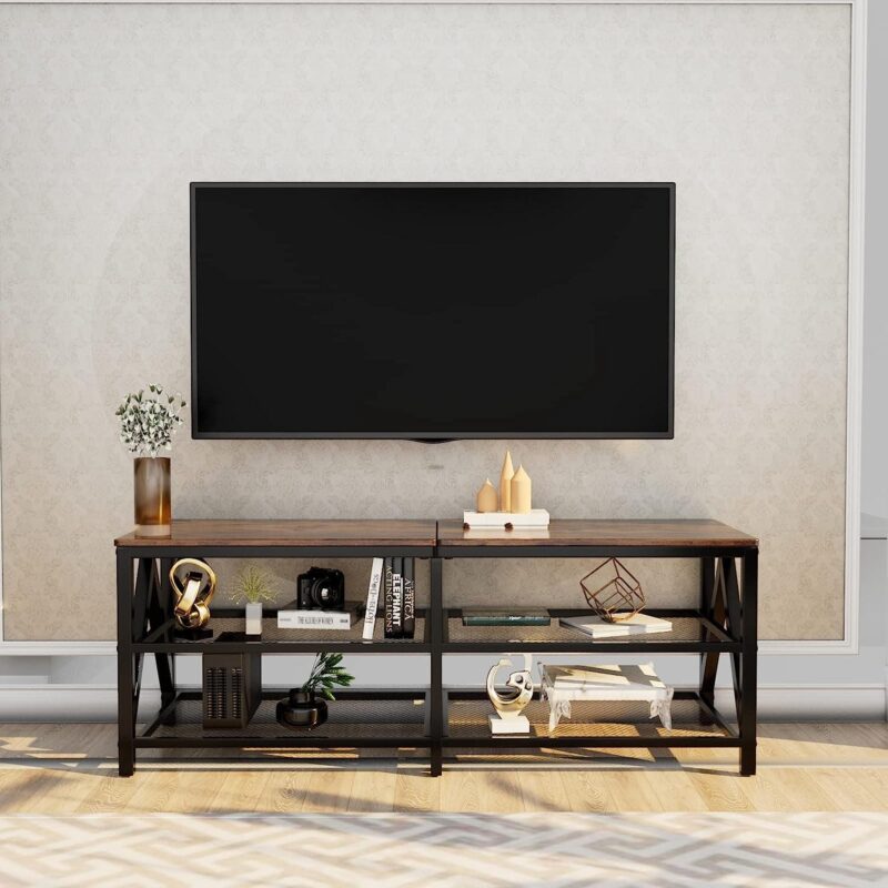 aboxoo TV Stand for 60 65 Inch TV, Long 55  Entertainment Center 3-Tier TV Console Steel Frame Industrial Style TV Cabinet with Metal Frame for Living Room, Rustic Brown Wooden and Black - Image 4
