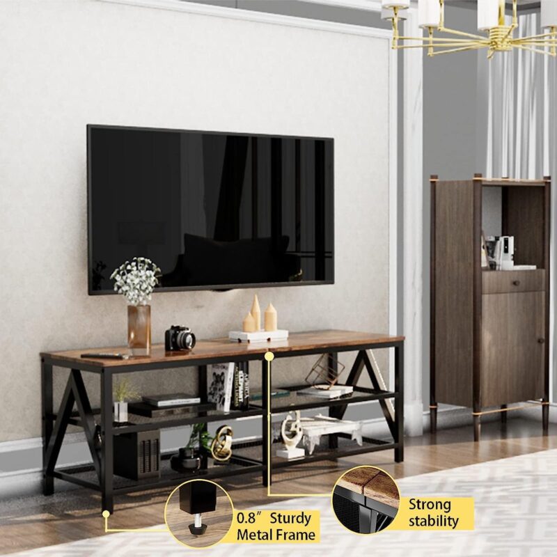 aboxoo TV Stand for 60 65 Inch TV, Long 55  Entertainment Center 3-Tier TV Console Steel Frame Industrial Style TV Cabinet with Metal Frame for Living Room, Rustic Brown Wooden and Black - Image 3