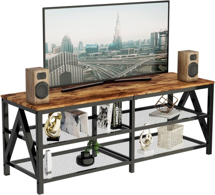 aboxoo TV Stand for 60 65 Inch TV, Long 55  Entertainment Center 3-Tier TV Console Steel Frame Industrial Style TV Cabinet with Metal Frame for Living Room, Rustic Brown Wooden and Black