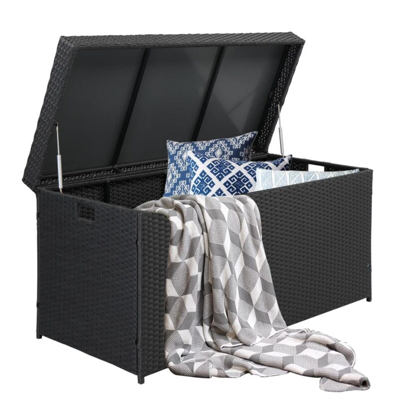 iTopRoad 132 Gal Outdoor Wicker Box Rattan Deck Bin, Patio Rattan Storage Box for Deck, Loving Room, Apaetment, Black