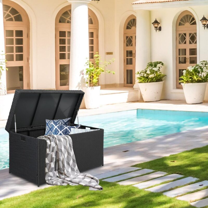 iTopRoad 132 Gal Outdoor Wicker Box Rattan Deck Bin, Patio Rattan Storage Box for Deck, Loving Room, Apaetment, Black - Image 6