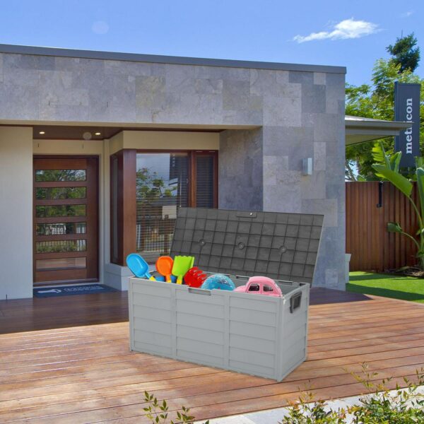 iTopRoad 75gal Outdoor Garden Plastic Storage Deck Box Chest Tools Cushions Toys Lockable Seat w/ Wheel Grey